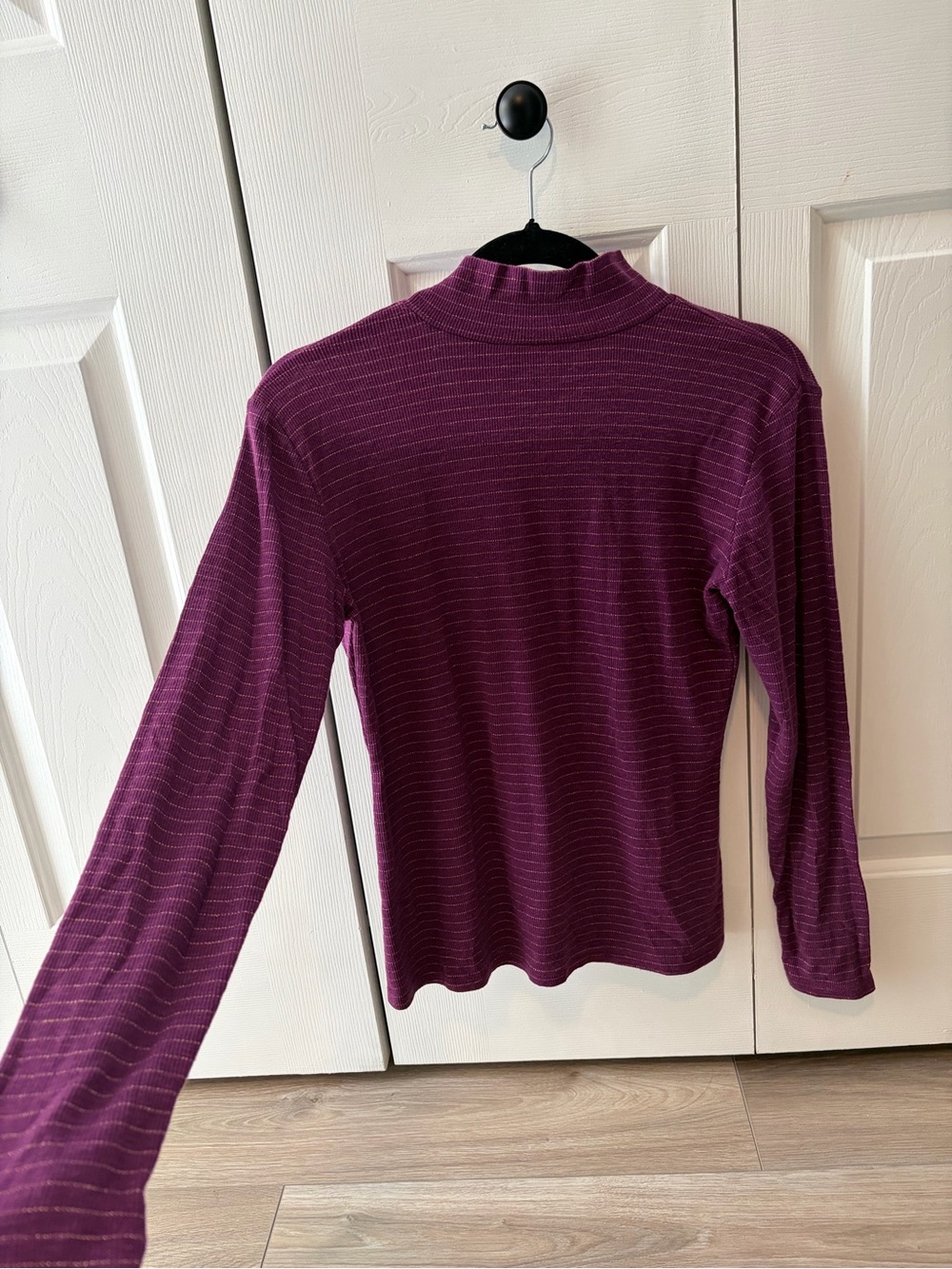 Nine West Women’s Long Sleeve Mock Neck Top in Deep Plum and Gold Striped - M